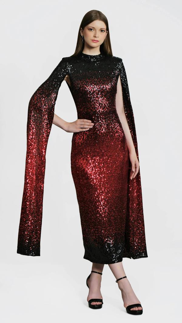 LuvForever Phoenix - Red Black Cape Sleeve Sequin Midi Dress