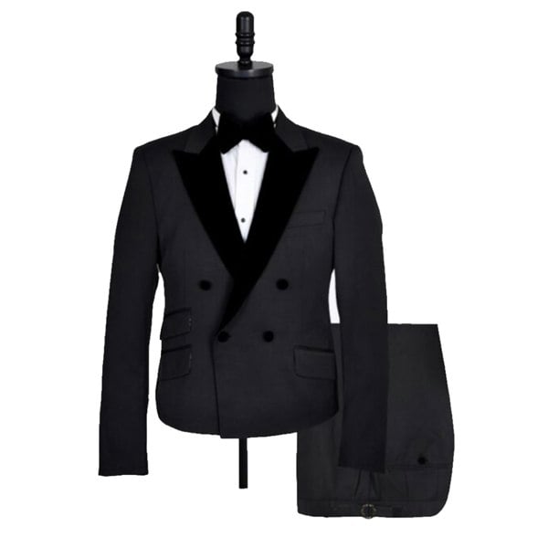 David WeJ Alfredo Cropped Double Breasted Velvet Peak Lapel Tuxedo- Black