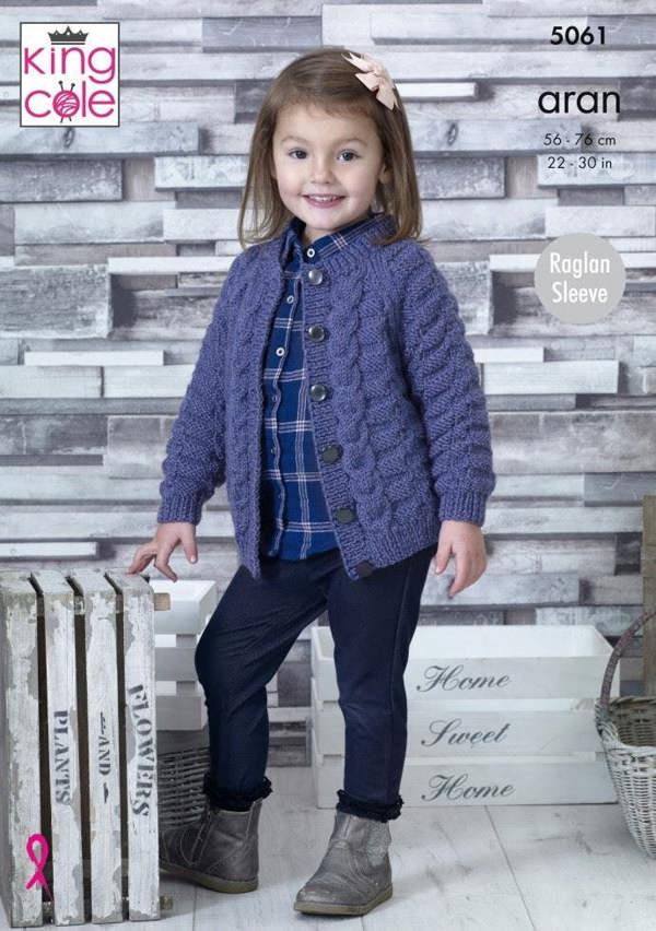 King Cole Fashion Aran Knitting Pattern 5061, Cardigans, Sweaters for Kids, 22 -30 Inches
