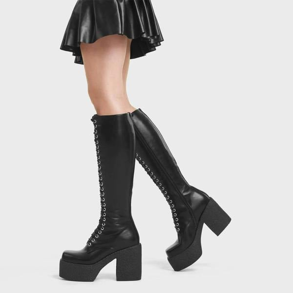 Lamoda On Smoke BlackPU Chunky Platform Knee High Boots Trendy Stylish