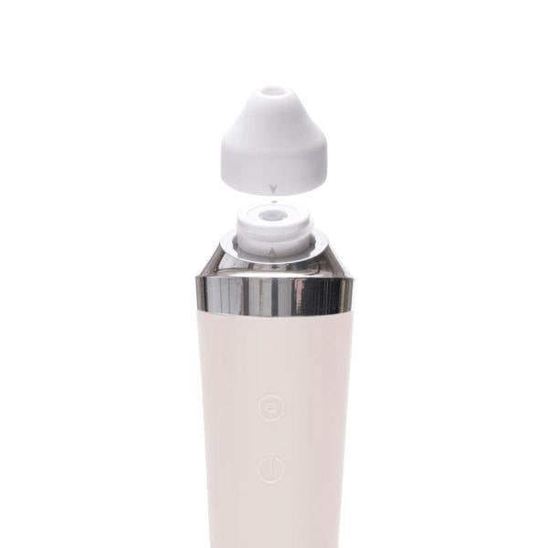 A close-up of the Rio Pore Perfection, a white electronic device with a removable silicone suction tip for personalised skincare and pore cleansing, isolated on a white background.