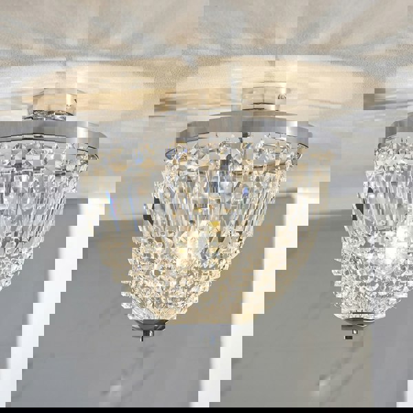 Decorative Flush Bathroom Ceiling Light Fitting - Clear Glass Faceted Crystals