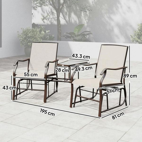 Outdoor gliding lounge chairs with beige seats and dark frames, set with glass-top middle table