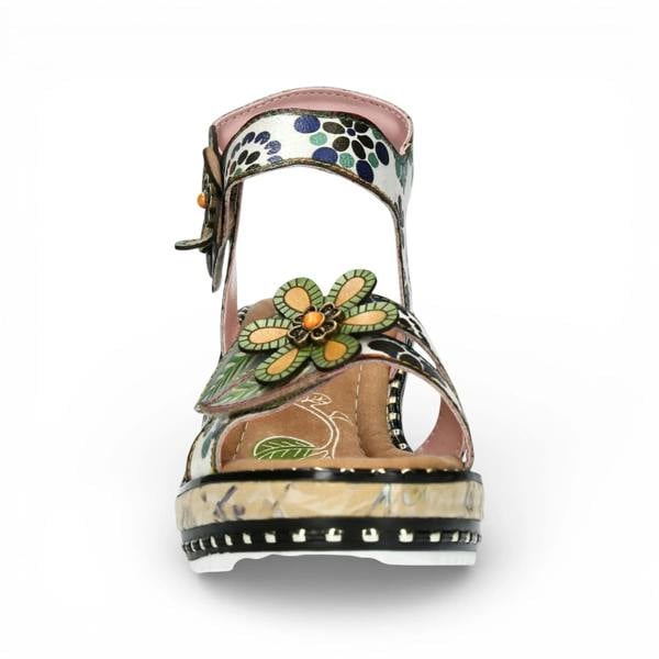 Laura Vita Ballon 08 - Women's Beige Floral Leather Wedge Sandals
