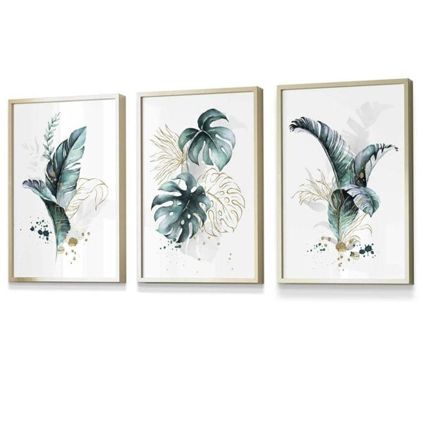 Artze Wall Art Teal Blue and Gold Botanical Set of 3 Floral Framed Prints