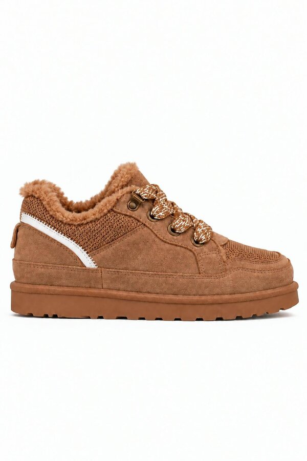 Love Lemonade Hudson Comfort Faux Suede Check Lace Faux Fur Lined Trainers Camel