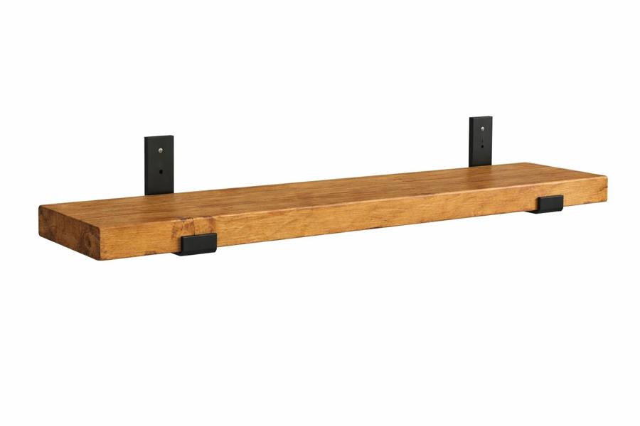 Natural oak reclaimed scaffold board shelf with black steel brackets