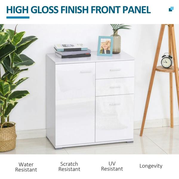 White high-gloss sideboard cabinet with two doors and drawers, metal bar handles