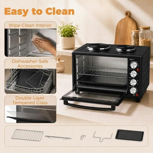 36L Mini Oven with Dual Hot Plates, Electric Countertop Cooker with Convection, 90–230°C Adjustable Temperature