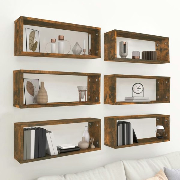 Berkfield Wall Cube Shelves 6 pcs Smoked Oak 60x15x23 cm Engineered Wood