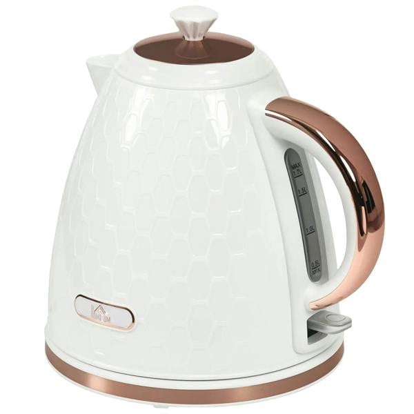 Cream white honeycomb electric kettle with brown handle and base, fast-boil 3kW