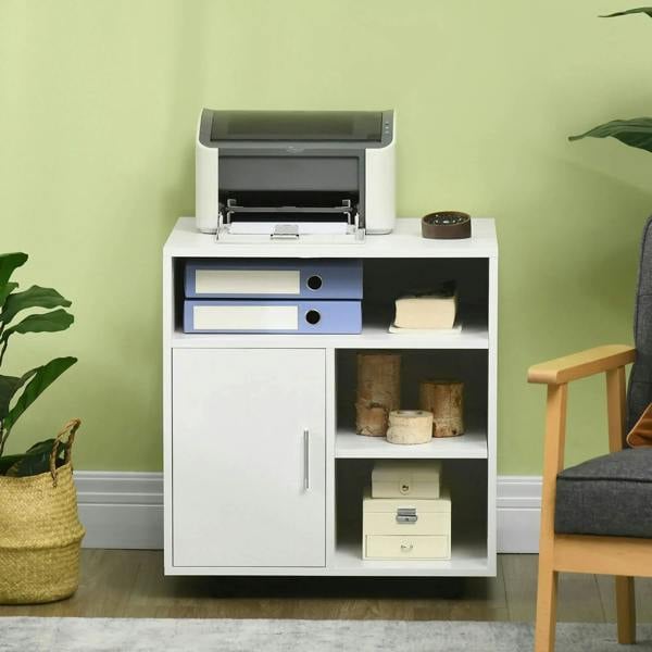 White mobile printer stand with printer on top, open shelf storage, and door