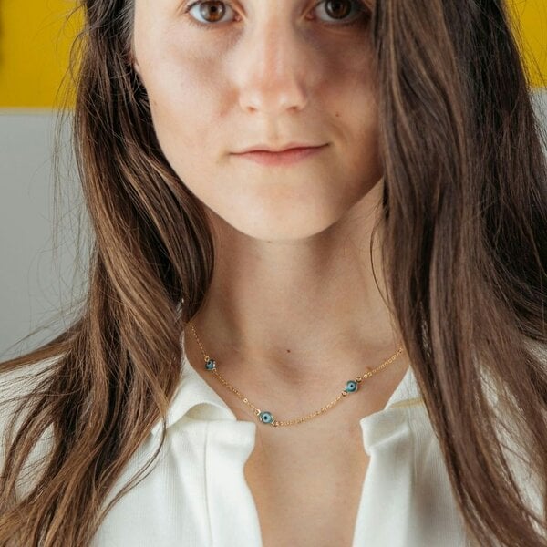 The Colourful Aura Evil Eye Gold and Silver Charm Protection Turkish Eye Blue Bead Choker Necklace