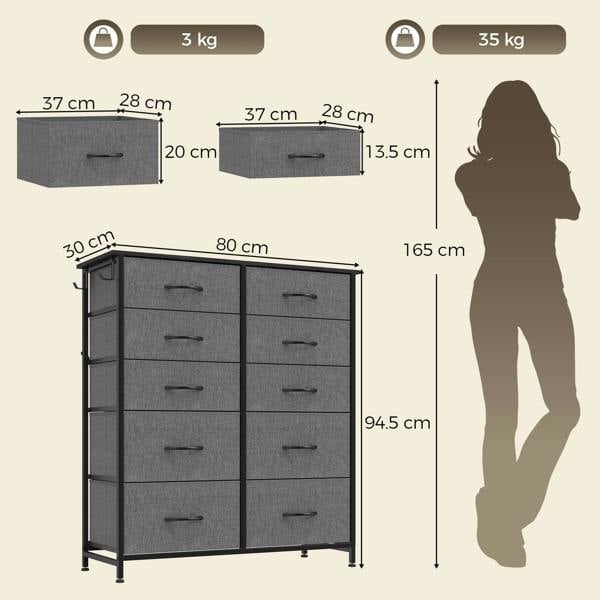 HOMCOM Fabric Chest of Drawers, 10 Drawer Dresser for Bedroom, Grey