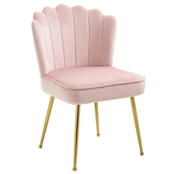 Pink velvet-feel accent chair with curved shell back, cushioned seat, and gold legs