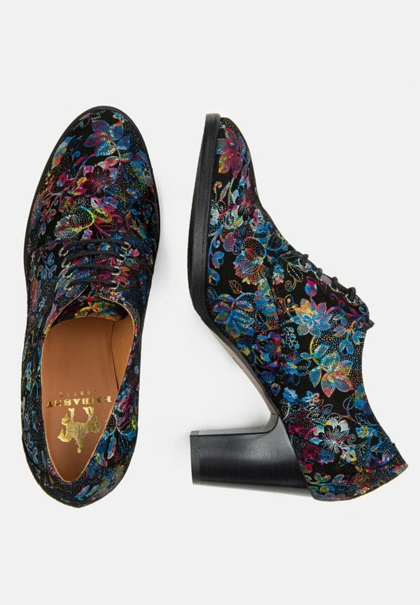 Embassy London Roulette - Black Flower - Women's leather heeled oxford lace-up