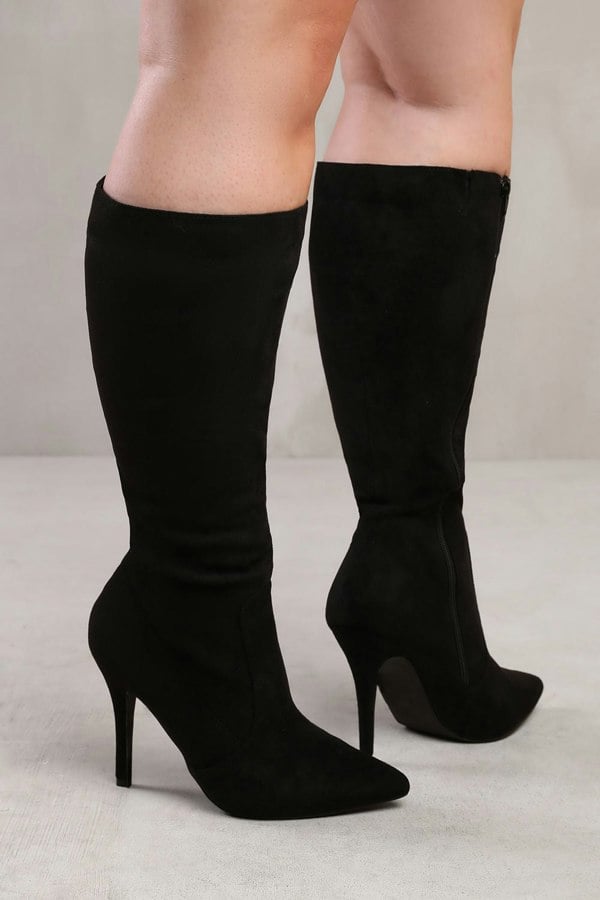 Where's That From Zoya Wide Calf High Heel Boot in Wide E Fit in Black Suede