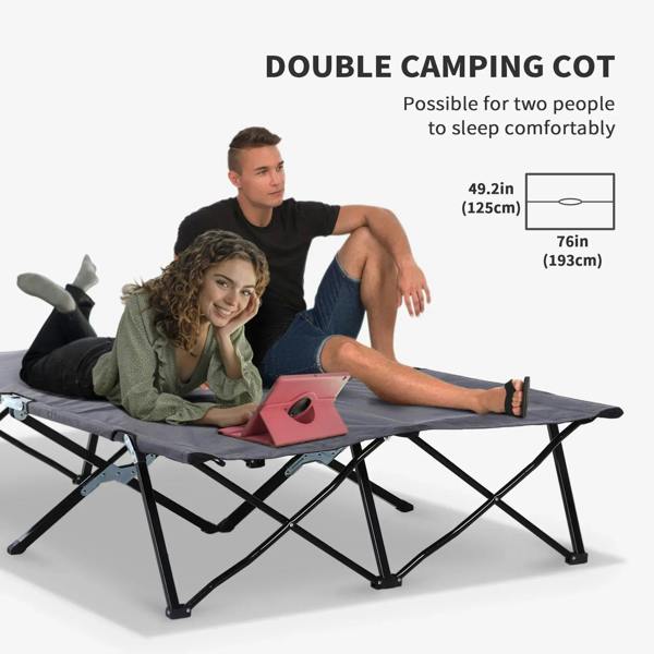 Grey double camping cot bed for two people with black steel support legs