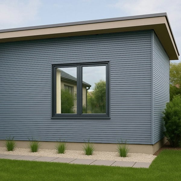WPC slatted wall cladding panels in grey, showcasing a textured finish, installed on a modern building with a large window and green landscaping
