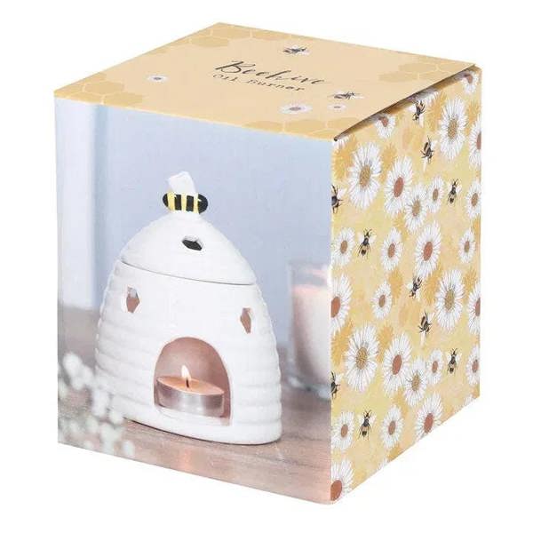 White ceramic beehive oil burner in gift box, bee-pattern lid