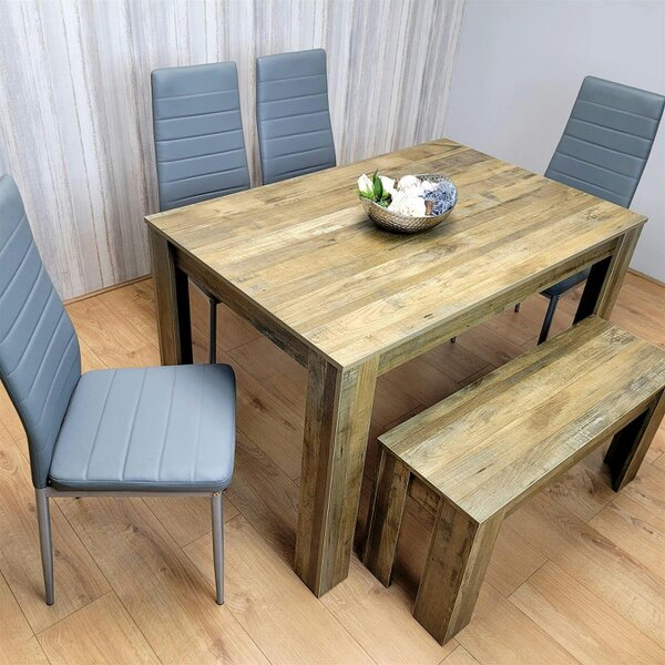 Kosy Koala Modern Rustic Dining Table Set ? Wooden Table with 4 Grey Chairs and Bench - Dining Furniture Set