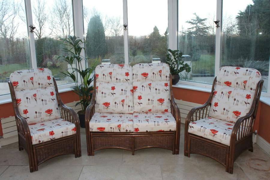 The Garden Marketplace Verona Cane 3 Piece Suite with Sofa and 2 Chairs for Conservatory or Living Room Seating, Deep Cushions and High Back Support