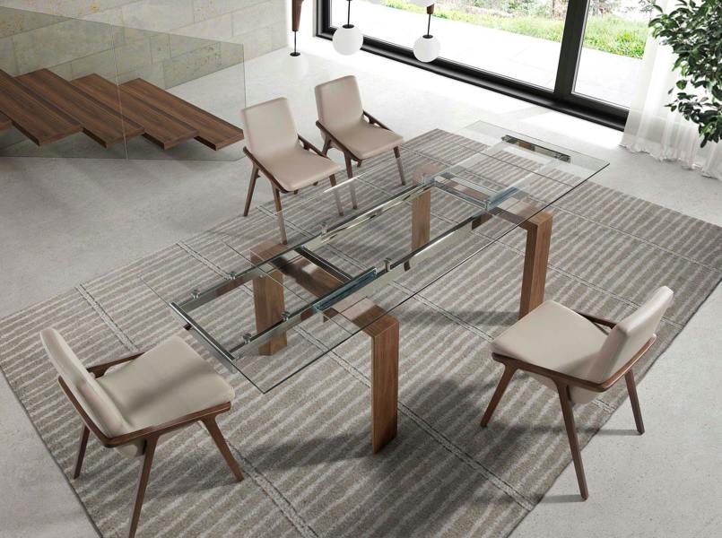Angel Cerdá Rectangular tempered glass and walnut extending dining table 1007