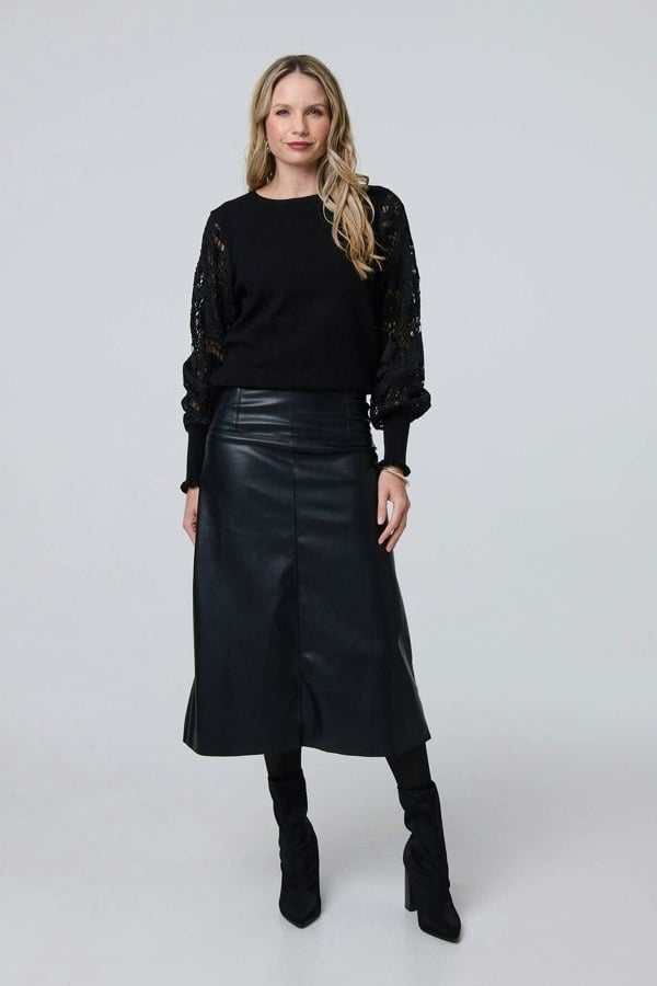 Black | Faux Leather High Waist Midi Skirt
