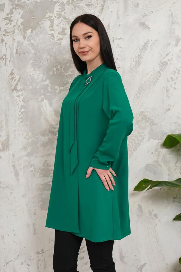Hoxton Gal Oversized High Neck Tunic Top with Brooch Details in Dark Green