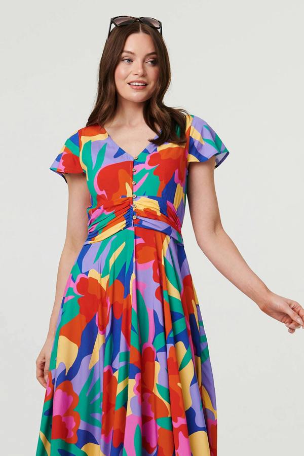 Blue | Abstract Floral Tie Ruched Maxi Dress