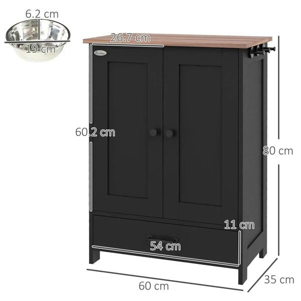 Black pet feeding station cabinet with wood top, doors, and lower storage drawer; size guide.