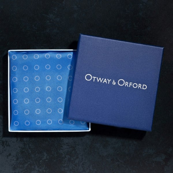 'Luna' polka dot silk pocket square in mid blue by Otway & Orford in gift box