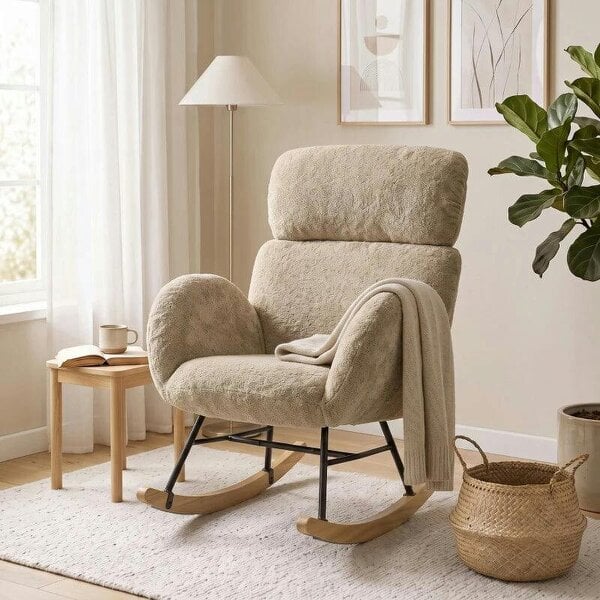 Upholstered Rocking Chair Adjustable Headrest Rocker Chair Raindrop Velvet Rubberwood Base Light Brown