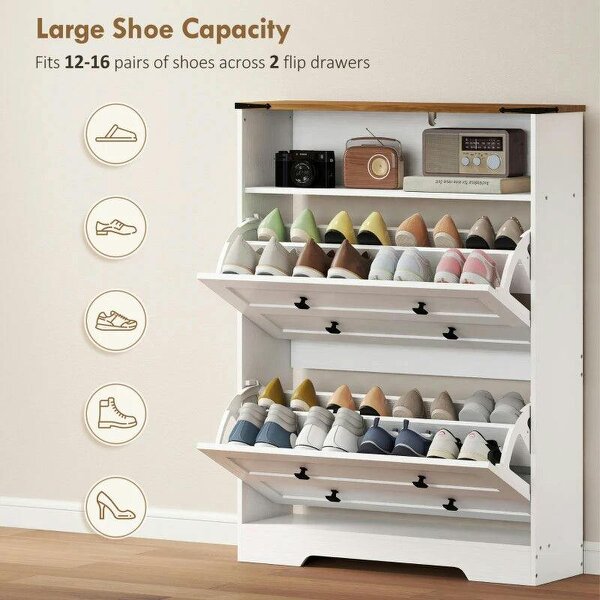 Bobobiy Shoe Cabinet with 2 Flip Drawers, Narrow Shoe Storage Cabinet, White