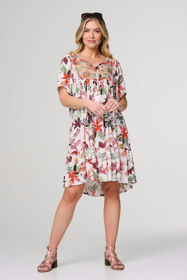 White | Tropical Print Tie Neck Knee Length Dress
