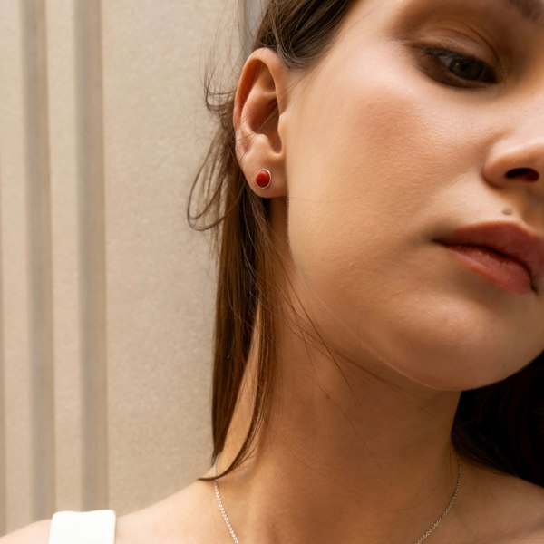 Spero London Red Coral Dome Sterling Silver Stud Earrings