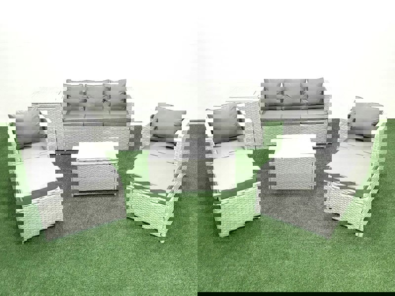 Fimous Rattan Garden Furniture Set with 3 Seater Sofa 2 Chair Rectangular Coffee Table 2 Big Footstools Side Table Light Grey Mixed 7 Seater