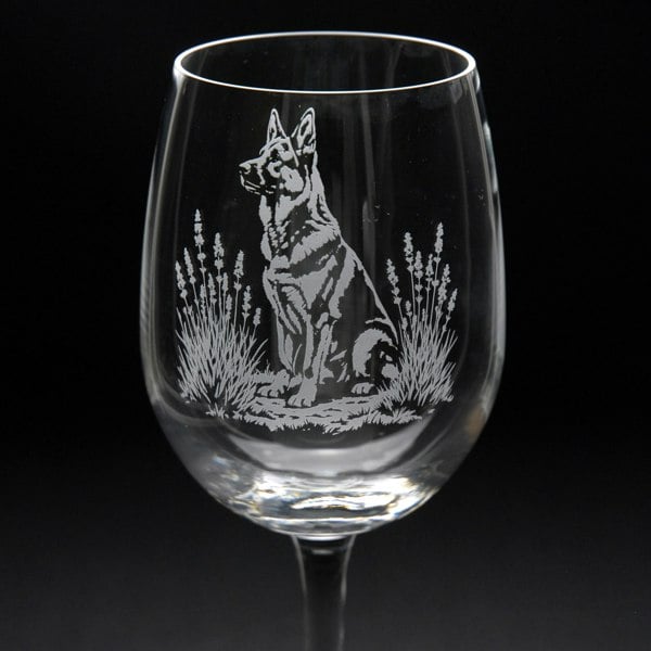 Glyptic Glass Art German Shepherd Dog Crystal Wine Glass - Hand Etched/Engraved Gift