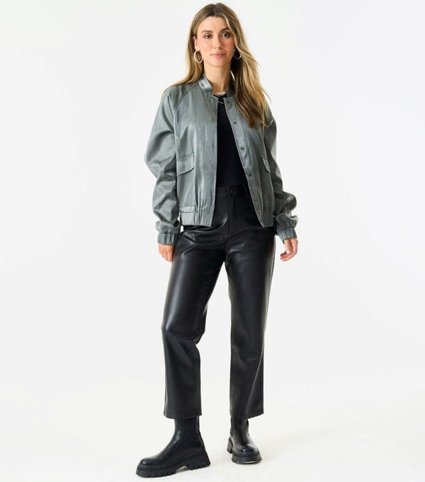 Gini London Grey Metallic Elasticated Waist Bomber Jacket