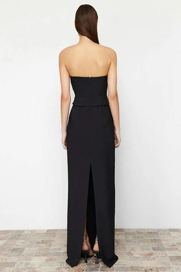 Corset Detail Woven Long Evening Dress