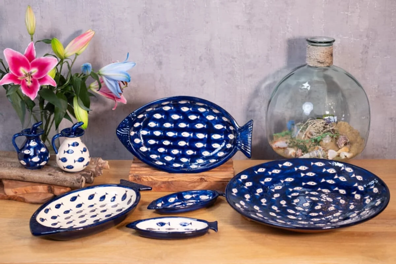 Verano Spanish Ceramics Signature - Blue & White Fish - Large Jug