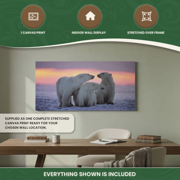 Large 3 Polar Bears Canvas Print, Black and White Wildlife Wall Art, 100 x 50 cm, Stretched Canvas on Wooden Frame
