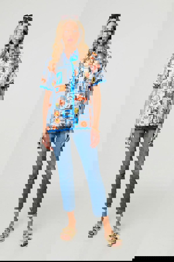 Blue | Printed Contrast Trim Relaxed Shirt
