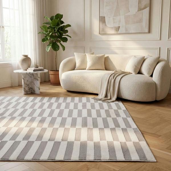Modern living room with a striped rug, white sofa, and decorative items.