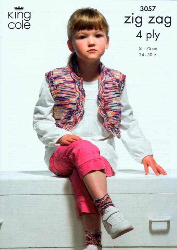 King Cole Zig Zag Knitting Pattern 3057, Waistcoats, Socks, Leg Warmers, Slipovers for Kids, 24 - 30 Inches - Intermediate