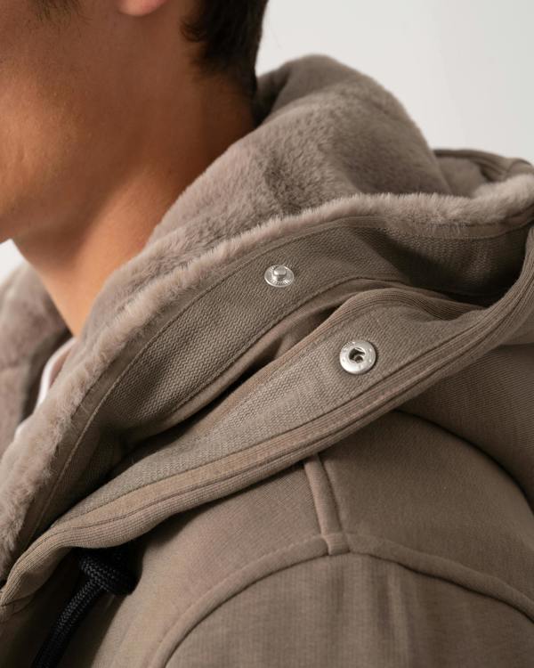 detachable faux fur trim hood detail of a Moose Knuckles Classic Bunny 3 Mens Fleece Hoodie in Ashen 2019