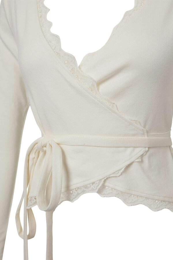 WOVCOR Fitted Wrap Neckline Long Sleeve Lace Detail Crop Blouse