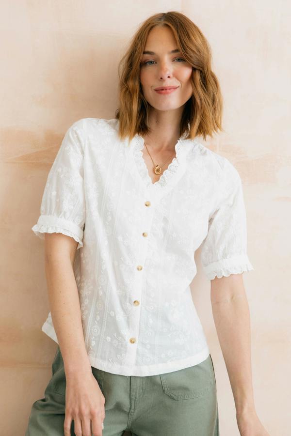 Lily & Me Wren Embroidered Cotton Frill Blouse White