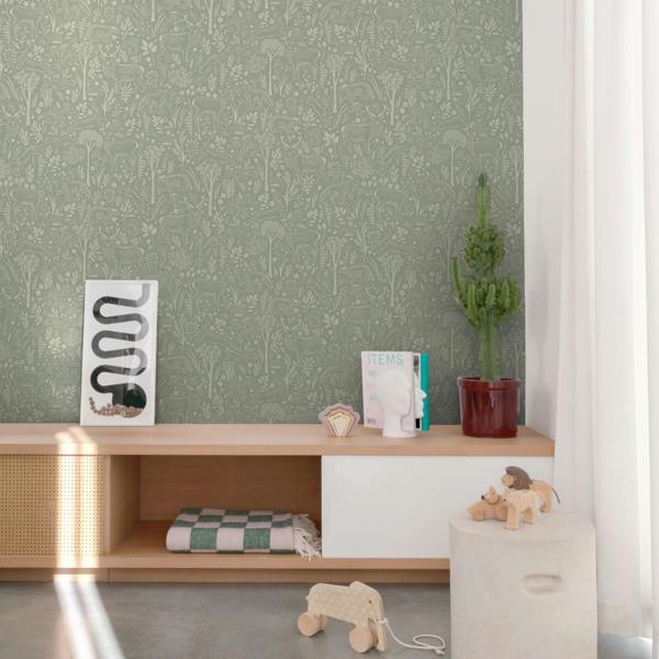 Grandeco Native Woodland Animals Nursery Textured Wallpaper, Sage Green