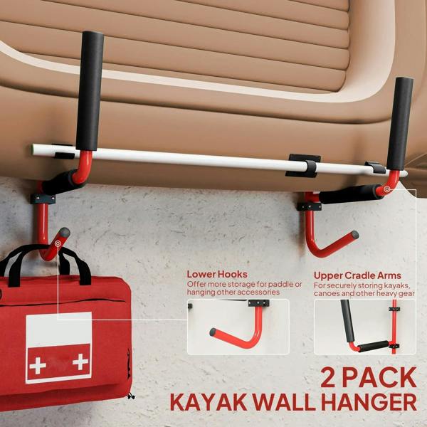 Red wall-mounted kayak/canoe storage rack with black pads and curved hooks, two-pack